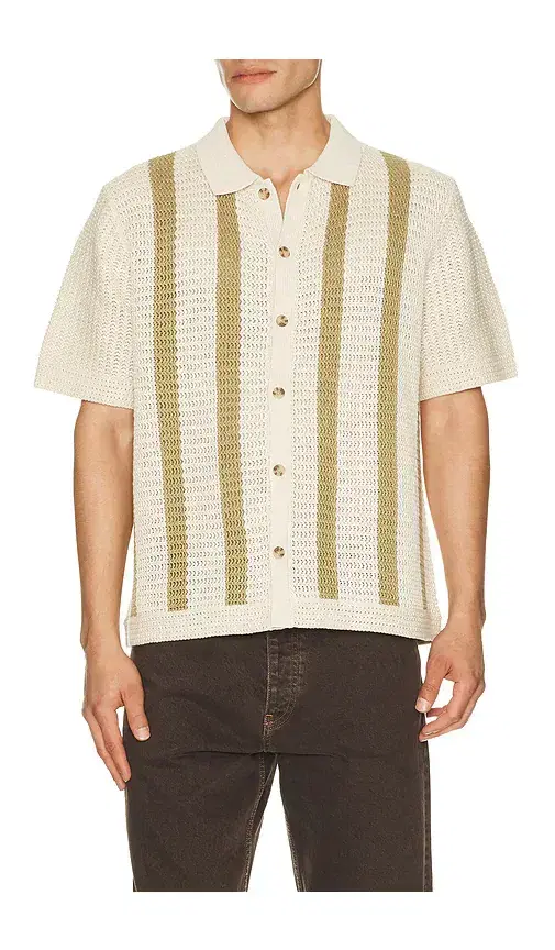 Stripe Crochet Short Sleeve Button Down Shirt