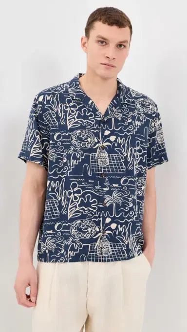 Marine Layer Tencel Linen Resort Shirt Navy/White Island Motif | Thumbnail 2
