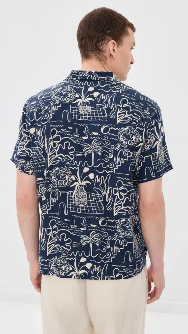 Marine Layer Tencel Linen Resort Shirt Navy/White Island Motif | Thumbnail 3