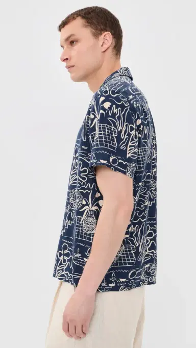 Marine Layer Tencel Linen Resort Shirt Navy/White Island Motif | Thumbnail 4