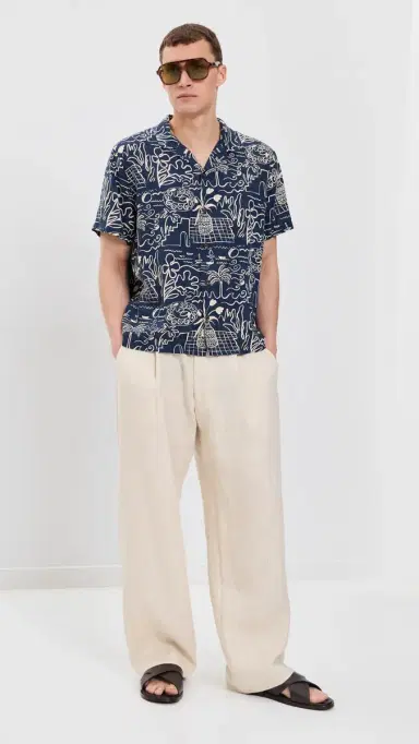 Marine Layer Tencel Linen Resort Shirt Navy/White Island Motif | Thumbnail 5