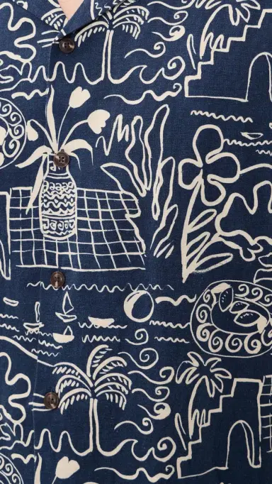 Marine Layer Tencel Linen Resort Shirt Navy/White Island Motif | Thumbnail 6