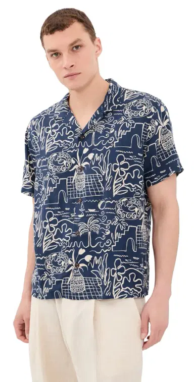 Marine Layer Tencel Linen Resort Shirt Navy/White Island Motif | Thumbnail 1
