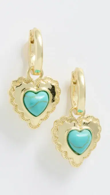 By Adina Eden Turquoise Heart Drop Huggie Earrings Turquoise One Size | Thumbnail 2