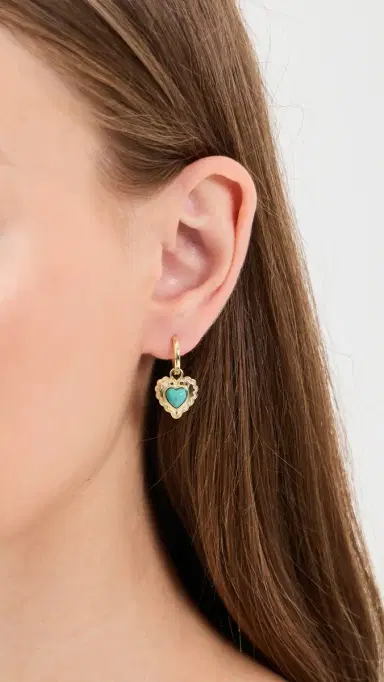 By Adina Eden Turquoise Heart Drop Huggie Earrings Turquoise One Size | Thumbnail 3