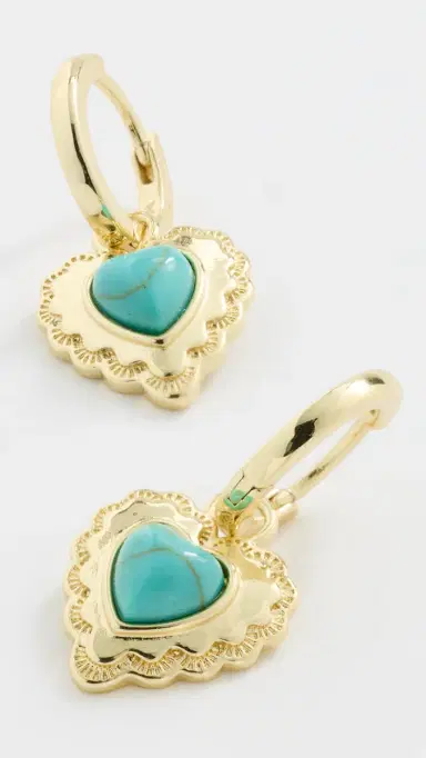 By Adina Eden Turquoise Heart Drop Huggie Earrings Turquoise One Size | Thumbnail 4