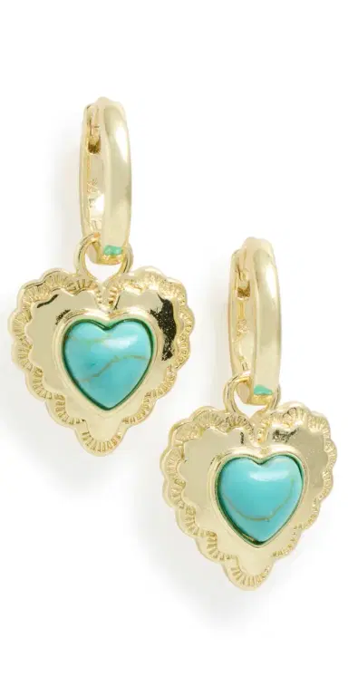 By Adina Eden Turquoise Heart Drop Huggie Earrings Turquoise One Size | Thumbnail 1