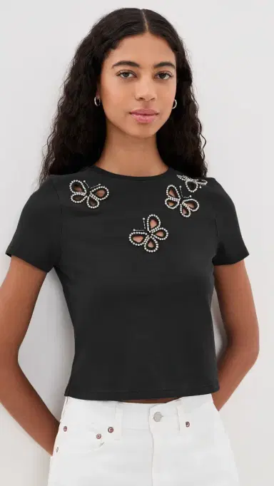 Alice + Olivia Cindy Embellished Cropped Tee with Cutouts Black/Silver Crystal S | Thumbnail 2