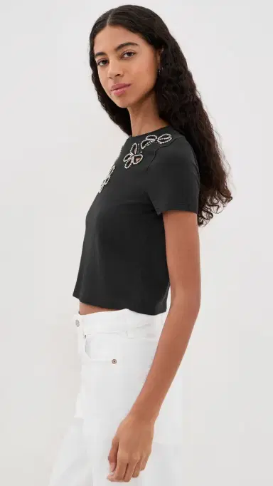 Alice + Olivia Cindy Embellished Cropped Tee with Cutouts Black/Silver Crystal S | Thumbnail 4