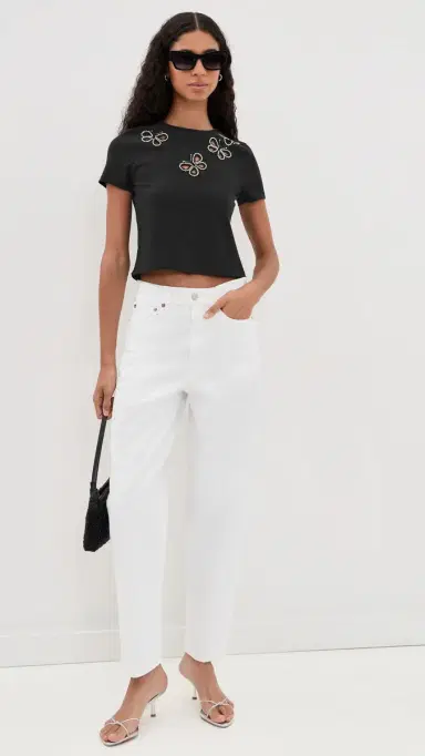 Alice + Olivia Cindy Embellished Cropped Tee with Cutouts Black/Silver Crystal S | Thumbnail 5