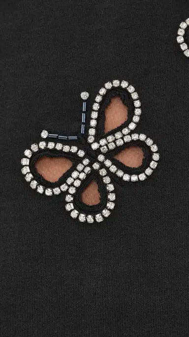 Alice + Olivia Cindy Embellished Cropped Tee with Cutouts Black/Silver Crystal S | Thumbnail 6
