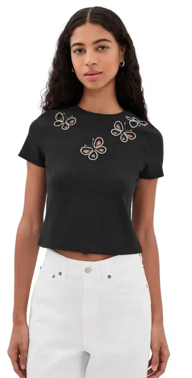 Alice + Olivia Cindy Embellished Cropped Tee with Cutouts Black/Silver Crystal S | Thumbnail 1