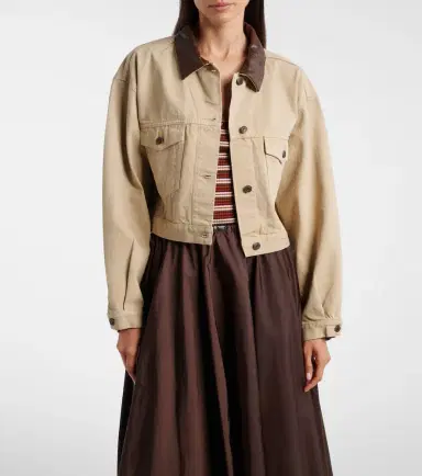 Prada Leather-trimmed cropped denim jacket | Thumbnail 3 Prada Leather-trimmed cropped denim jacket | Thumbnail 3