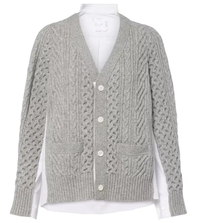 Cable-knit wool and poplin cardigan
