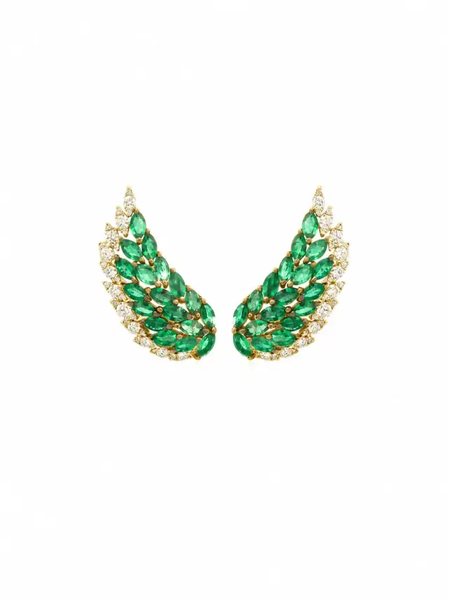 Wish Fine Jewelry 3.32ct Diamond Emerald 14K Gold Wing Climber Earrings