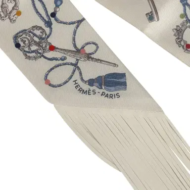 HERMÈS Hermes "Les Cles a Pois" Creme, Gris Perle, Multicolor Fringe Silk Twilly | Thumbnail 3