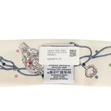 HERMÈS Hermes "Les Cles a Pois" Creme, Gris Perle, Multicolor Fringe Silk Twilly | Thumbnail 4