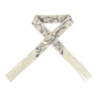 HERMÈS Hermes "Les Cles a Pois" Creme, Gris Perle, Multicolor Fringe Silk Twilly | Thumbnail 1
