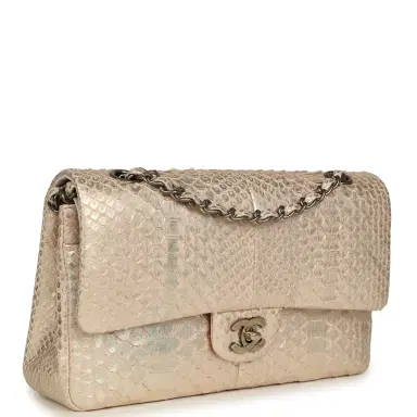 Chanel Pre-owned Chanel Medium Classic Double Flap Bag Light Pink, Silver Python Aged Bronze Hardware | Thumbnail 2 Chanel Pre-owned Chanel Medium Classic Double Flap Bag Light Pink, Silver Python Aged Bronze Hardware | Thumbnail 2
