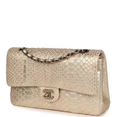 Chanel Pre-owned Chanel Medium Classic Double Flap Bag Light Pink, Silver Python Aged Bronze Hardware | Thumbnail 5 Chanel Pre-owned Chanel Medium Classic Double Flap Bag Light Pink, Silver Python Aged Bronze Hardware | Thumbnail 5