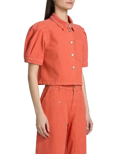 Cinq à Sept Women's Halsie Puff-Sleeve Denim Crop Top | Thumbnail 4 Cinq à Sept Women's Halsie Puff-Sleeve Denim Crop Top | Thumbnail 4