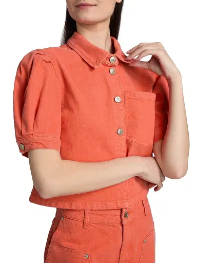 Cinq à Sept Women's Halsie Puff-Sleeve Denim Crop Top | Thumbnail 6 Cinq à Sept Women's Halsie Puff-Sleeve Denim Crop Top | Thumbnail 6