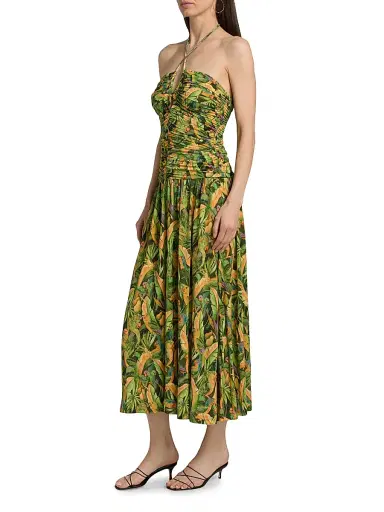 Farm Rio Women's Parrot-Print Ruched Midi Dress - Green - Size XL | Thumbnail 4