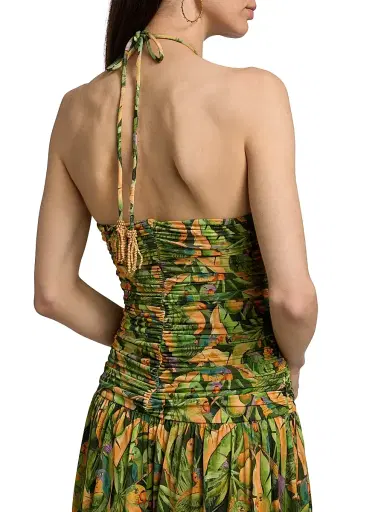 Farm Rio Women's Parrot-Print Ruched Midi Dress - Green - Size XL | Thumbnail 6