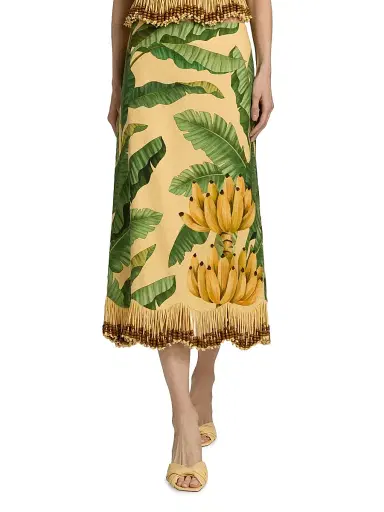 Farm Rio Women's Beaded Fringed Printed Linen-Blend Midi-Skirt - Yellow - Size XL | Thumbnail 3 Farm Rio Women's Beaded Fringed Printed Linen-Blend Midi-Skirt - Yellow - Size XL | Thumbnail 3