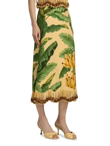 Farm Rio Women's Beaded Fringed Printed Linen-Blend Midi-Skirt - Yellow - Size XL | Thumbnail 4 Farm Rio Women's Beaded Fringed Printed Linen-Blend Midi-Skirt - Yellow - Size XL | Thumbnail 4