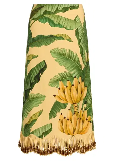 Farm Rio Women's Beaded Fringed Printed Linen-Blend Midi-Skirt - Yellow - Size XL | Thumbnail 1 Farm Rio Women's Beaded Fringed Printed Linen-Blend Midi-Skirt - Yellow - Size XL | Thumbnail 1