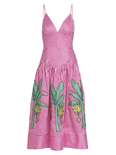 Farm Rio Women's Palm Tree Cutwork Striped Midi-Dress - Pink - Size XL | Thumbnail 1 Farm Rio Women's Palm Tree Cutwork Striped Midi-Dress - Pink - Size XL | Thumbnail 1