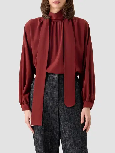 Akris punto Women's Silk Crepe de Chine Bow Blouse - Pomegranate - Size 18 | Thumbnail 5