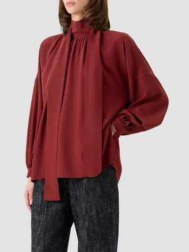 Akris punto Women's Silk Crepe de Chine Bow Blouse - Pomegranate - Size 18 | Thumbnail 7