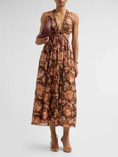 Zimmermann Women's Aster Floral Cut Out Midi Dress - Chocolate Jacobean - Size 10 | Thumbnail 2 Zimmermann Women's Aster Floral Cut Out Midi Dress - Chocolate Jacobean - Size 10 | Thumbnail 2