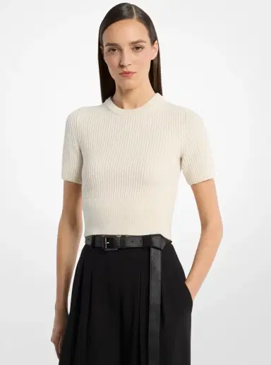 Michael Kors Collection Ribbed Cashmere Three-Quarter Sleeve Cropped Sweater in Natural | Thumbnail 2 Michael Kors Collection Ribbed Cashmere Three-Quarter Sleeve Cropped Sweater in Natural | Thumbnail 2