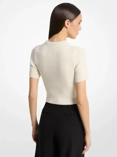 Michael Kors Collection Ribbed Cashmere Three-Quarter Sleeve Cropped Sweater in Natural | Thumbnail 3 Michael Kors Collection Ribbed Cashmere Three-Quarter Sleeve Cropped Sweater in Natural | Thumbnail 3