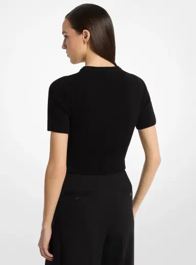 Michael Kors Collection Ribbed Cashmere Three-Quarter Sleeve Cropped Sweater in Natural | Thumbnail 6 Michael Kors Collection Ribbed Cashmere Three-Quarter Sleeve Cropped Sweater in Natural | Thumbnail 6