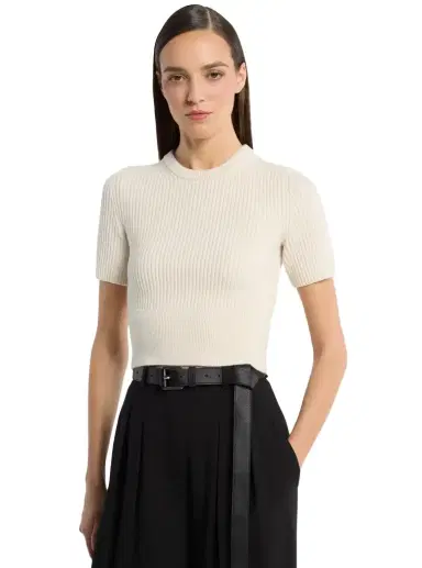 Michael Kors Collection Ribbed Cashmere Three-Quarter Sleeve Cropped Sweater in Natural | Thumbnail 1 Michael Kors Collection Ribbed Cashmere Three-Quarter Sleeve Cropped Sweater in Natural | Thumbnail 1