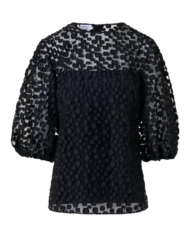 Fringed Polka-Dot Jacquard Balloon-Sleeve Blouse
