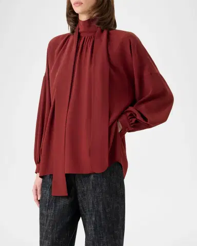 Akris punto Mock-Neck Bow Tie Silk Crepe De Chine Blouse | Thumbnail 4 Akris punto Mock-Neck Bow Tie Silk Crepe De Chine Blouse | Thumbnail 4