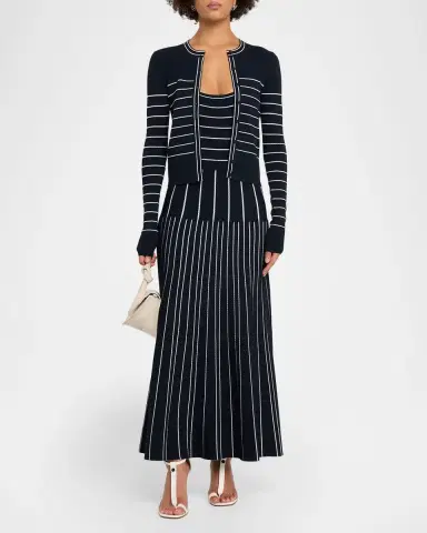 Adam Lippes Faye Pointelle Striped Crewneck Cardigan | Thumbnail 2 Adam Lippes Faye Pointelle Striped Crewneck Cardigan | Thumbnail 2