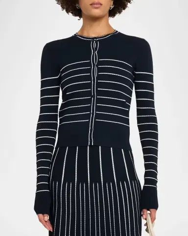 Adam Lippes Faye Pointelle Striped Crewneck Cardigan | Thumbnail 4 Adam Lippes Faye Pointelle Striped Crewneck Cardigan | Thumbnail 4