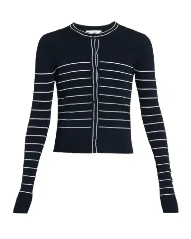 Adam Lippes Faye Pointelle Striped Crewneck Cardigan | Thumbnail 1 Adam Lippes Faye Pointelle Striped Crewneck Cardigan | Thumbnail 1