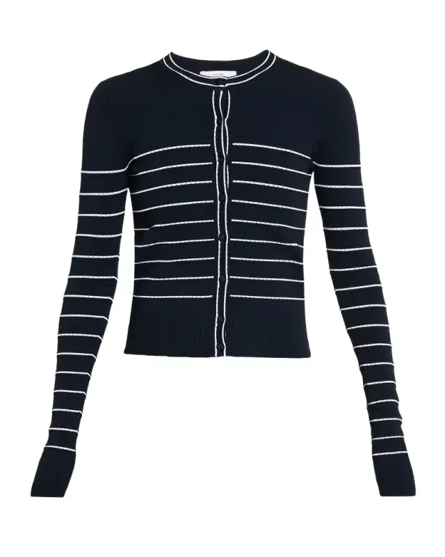 Adam Lippes Faye Pointelle Striped Crewneck Cardigan