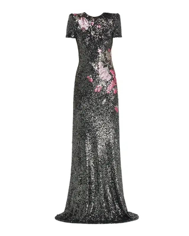 Naeem Khan Floral Applique Stretch Sequin Cap-Sleeve Gown