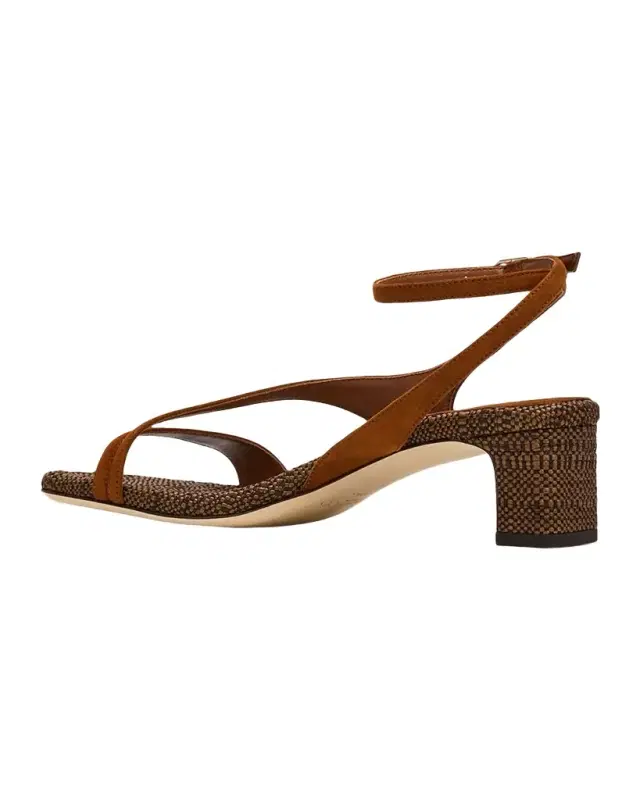 Jimmy Choo 45mm Faye Suede and Raffia Asymmetric Ankle-Strap Sandals