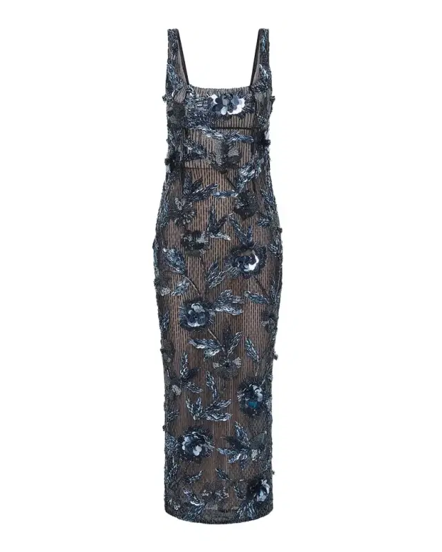 Rachel Gilbert Pierre Strap Beaded Column Midi Dress