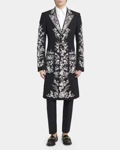 Alexander McQueen Men's Wool Embroidered Peak Lapel Overcoat | Thumbnail 2 Alexander McQueen Men's Wool Embroidered Peak Lapel Overcoat | Thumbnail 2