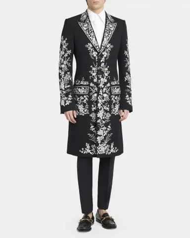 Alexander McQueen Men's Wool Embroidered Peak Lapel Overcoat | Thumbnail 4 Alexander McQueen Men's Wool Embroidered Peak Lapel Overcoat | Thumbnail 4